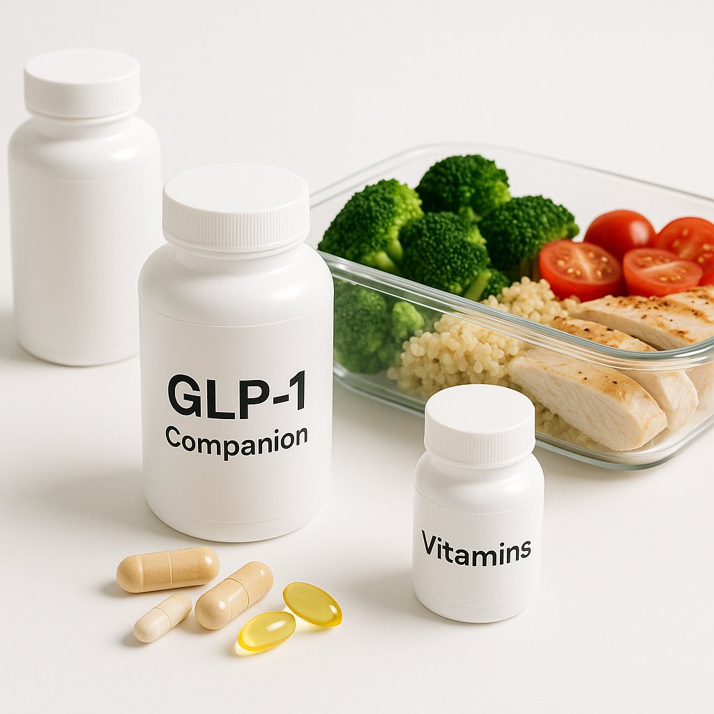 GLP-1 companion supplements including vitamins and healthy meal prep