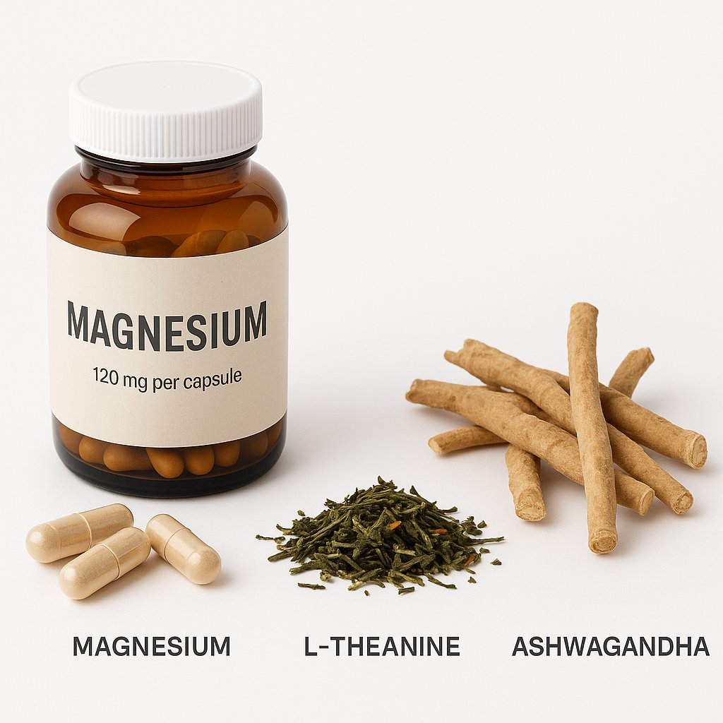 Magnesium capsules, L-theanine tea leaves, and ashwagandha root for natural anxiety relief