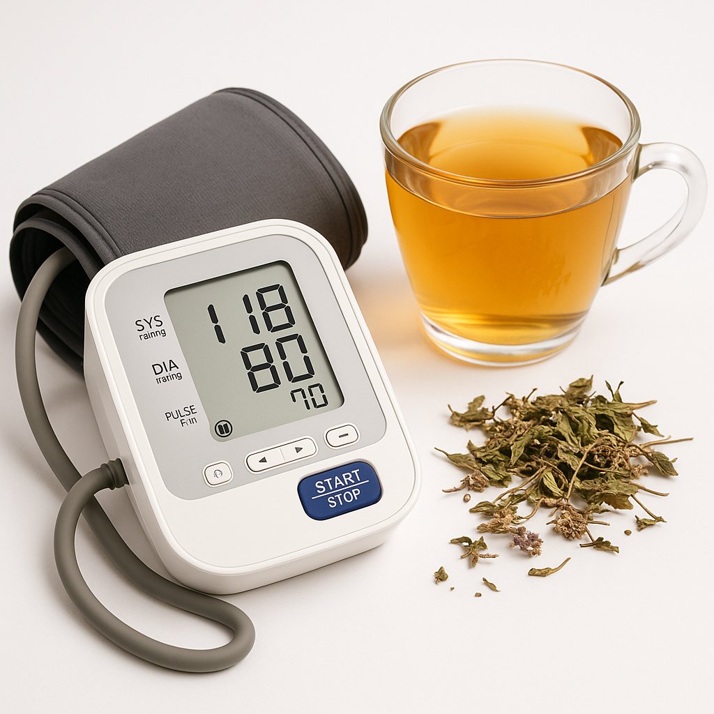 Blood pressure monitor showing 118/80 next to a cup of herbal tea and dried herbs.