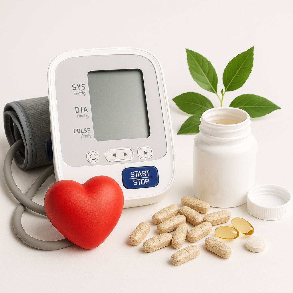 Heart health and blood pressure monitor with supplements for a healthy lifestyle.