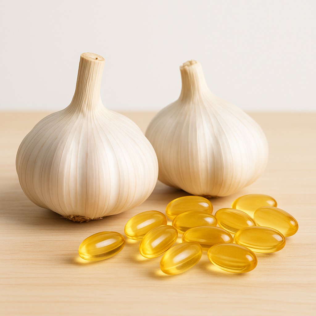 Fresh garlic bulbs with fish oil capsules on wooden table, healthy supplement ingredients.