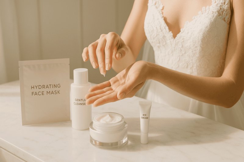 Woman applying skincare products for long-lasting bridal makeup, featuring face mask, eye cream, and.