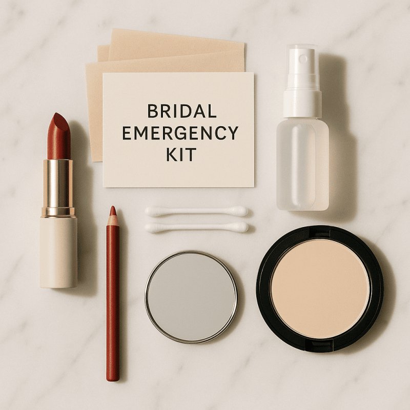 Flat-lay of a bridal emergency touch-up kit with lipstick, blotting papers, setting spray, compact powder, Q-tips, and mirror on marble