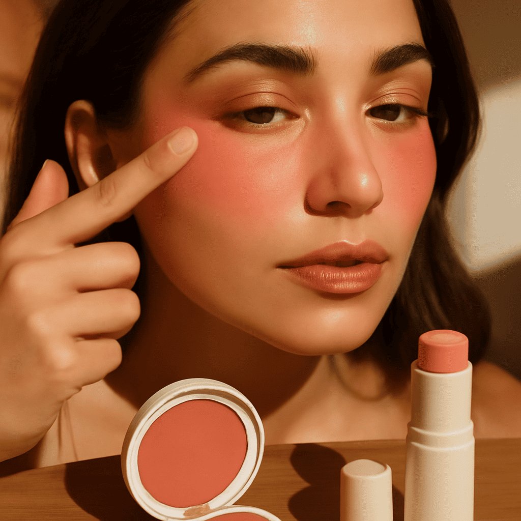 Woman with soft rosy undereye blush applied in modern editorial beauty style