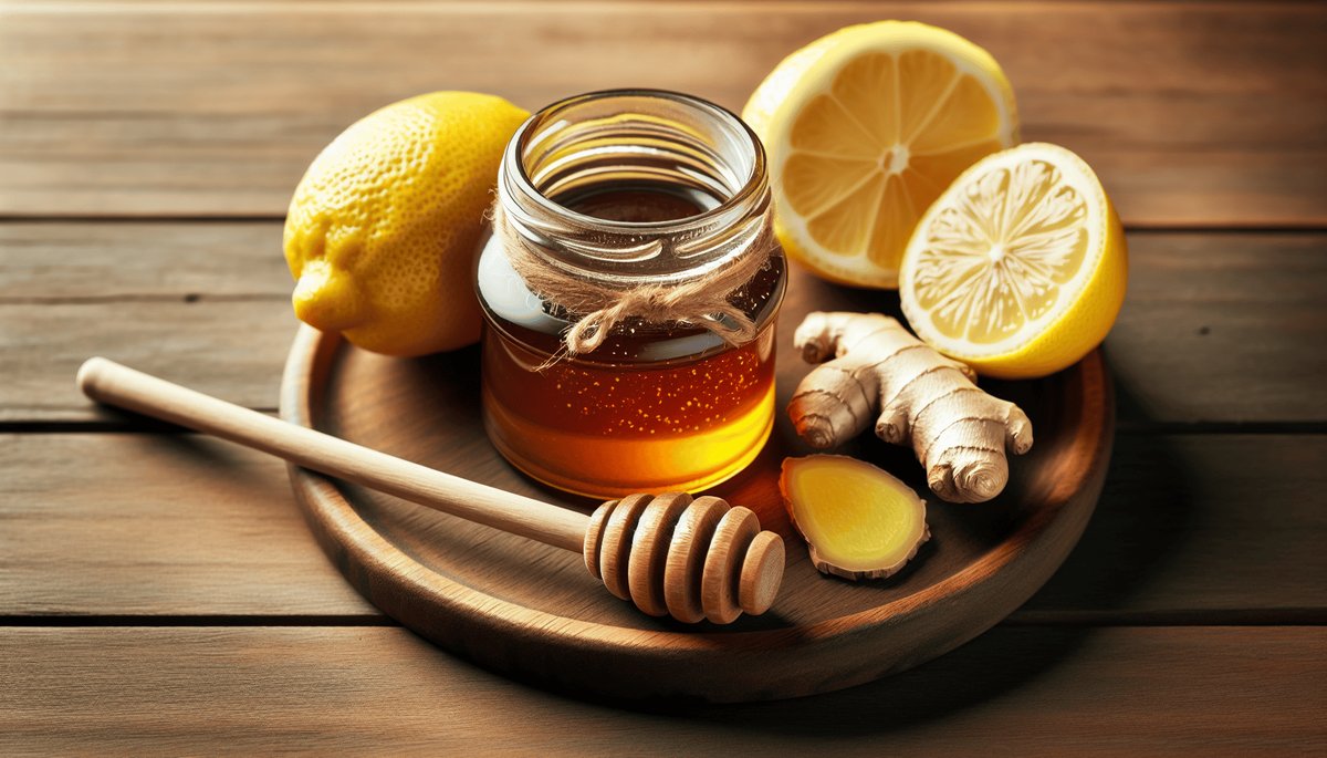 Golden honey being drizzled from a wooden spoon into a jar with lemon and herbs on rustic wood surface