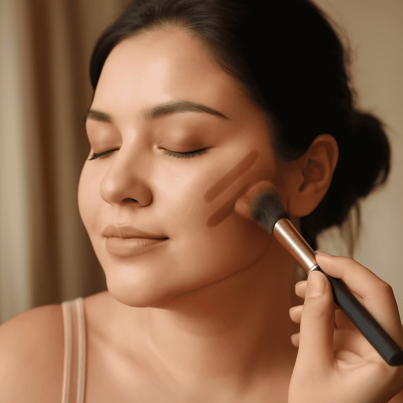 Contouring and highlighting products applied to define and sculpt a round face shape