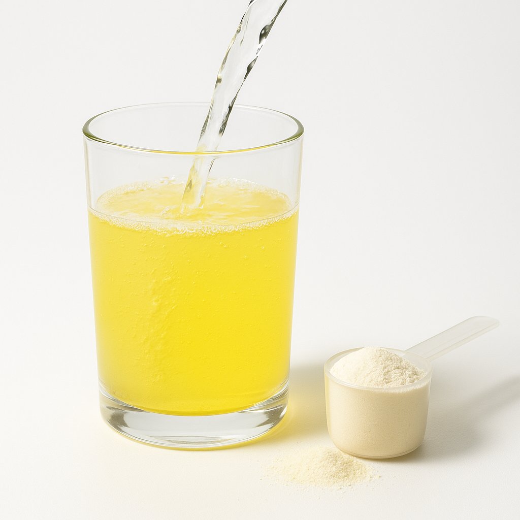 A glass of electrolyte drink being poured alongside a scoop of electrolyte powder on a clean white surface