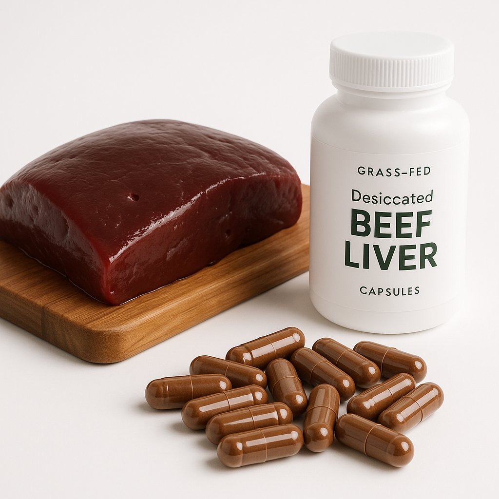 Desiccated beef liver capsules next to fresh grass-fed liver on cutting board