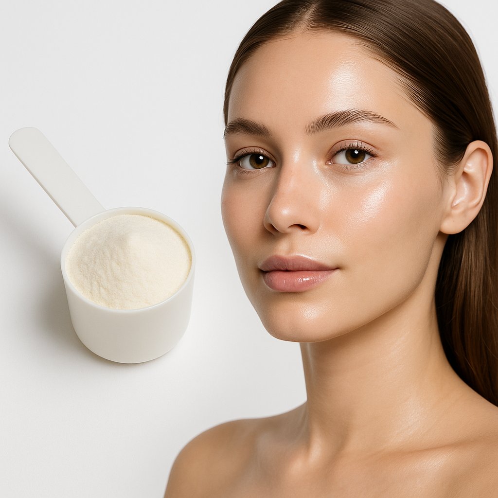 Marine collagen powder in scoop with glowing skin reference