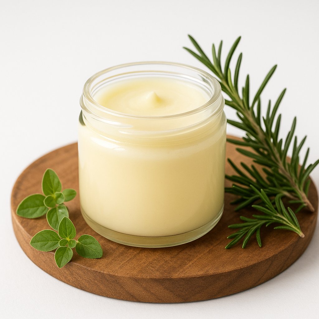 Jar of grass-fed beef tallow balm on wooden surface with herbs