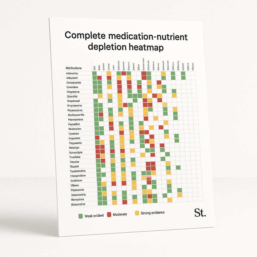 Complete medication-nutrient depletion heatmap — 60 medications × 30 nutrients, color-coded by evidence strength from Strong (dark red) to Moderate (medium orange) to Weak (light yellow)
