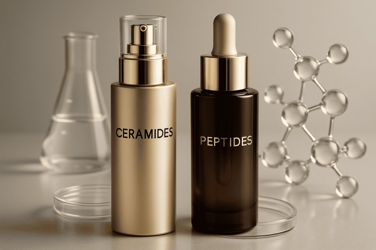 Skincare products representing peptides and ceramides for fine-line support