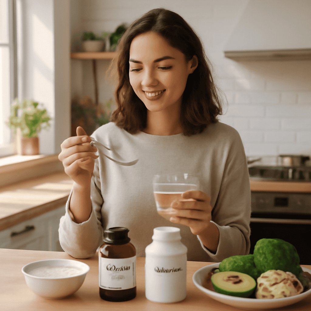 Probiotic capsules and gut-health foods arranged to represent the gut-skin axis in acne management