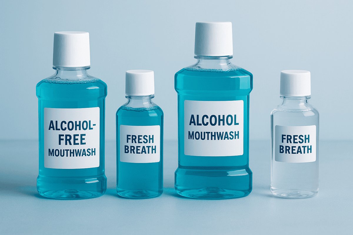 Alcohol-free mouthwash bottles lined up for daily oral-care use.