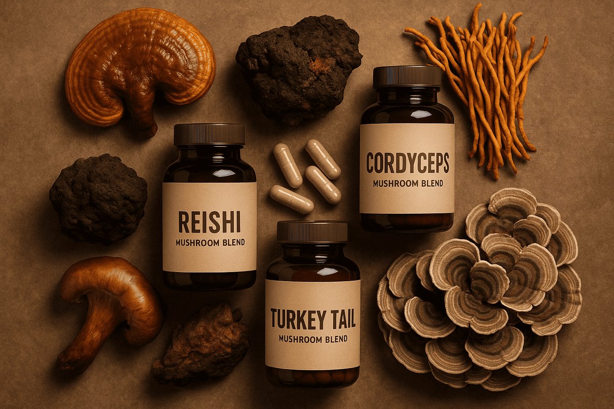 Assortment of functional mushrooms including reishi, cordyceps, chaga, and turkey tail beside supplement bottles