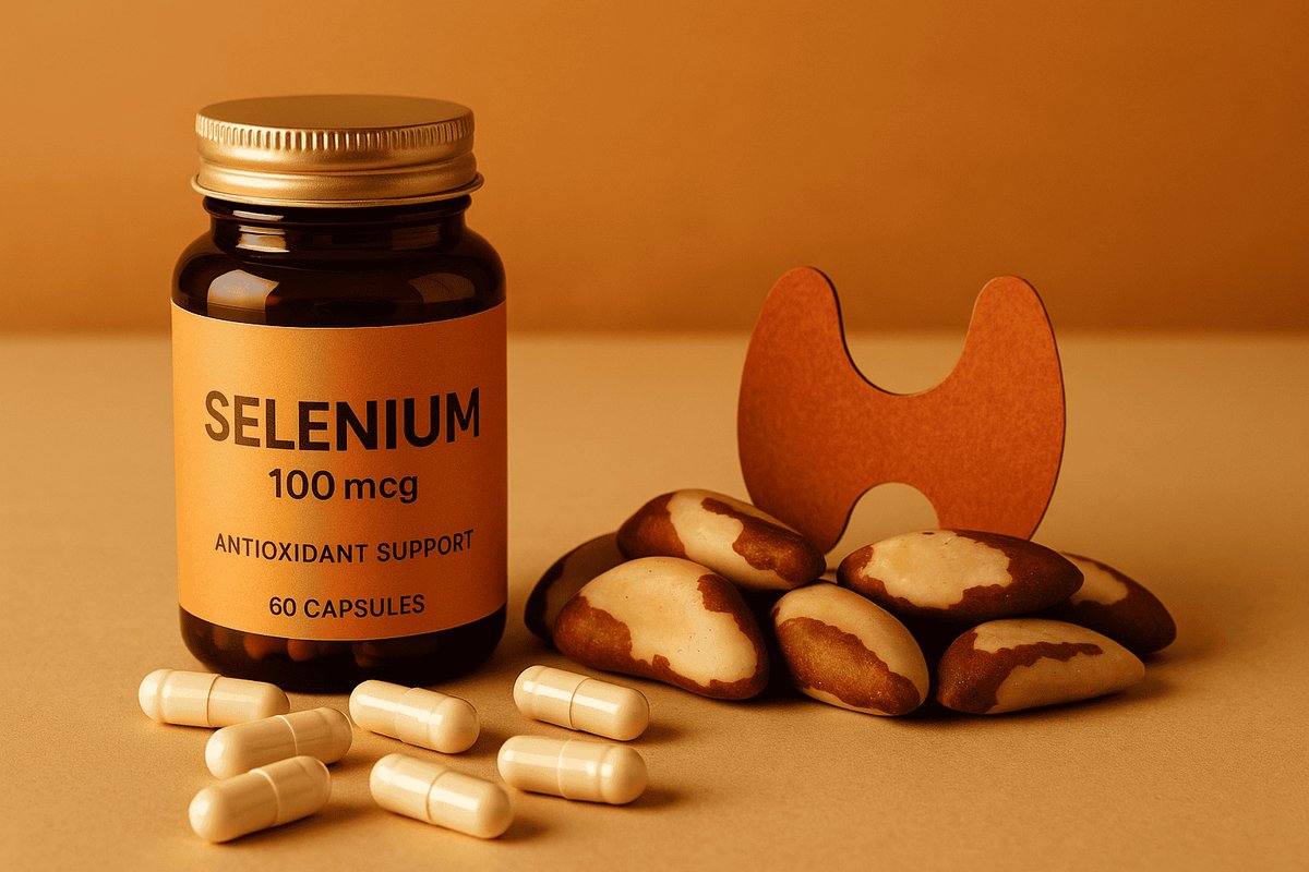 Selenium supplement capsules and selenium-rich foods including Brazil nuts on a marble surface