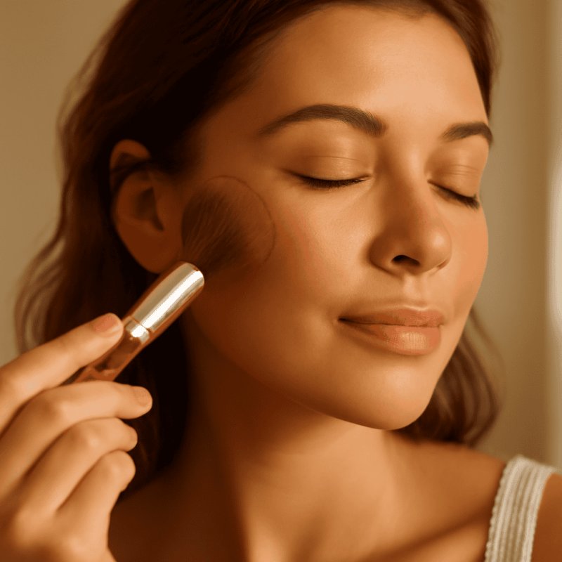 Woman blending bronzer on cheekbones with a fluffy brush for a natural sun-kissed finish