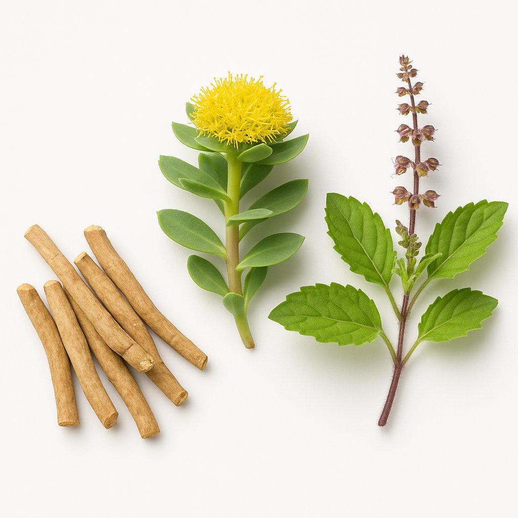 Adaptogenic herbs including ashwagandha root, rhodiola, and holy basil used in cortisol manager supplements