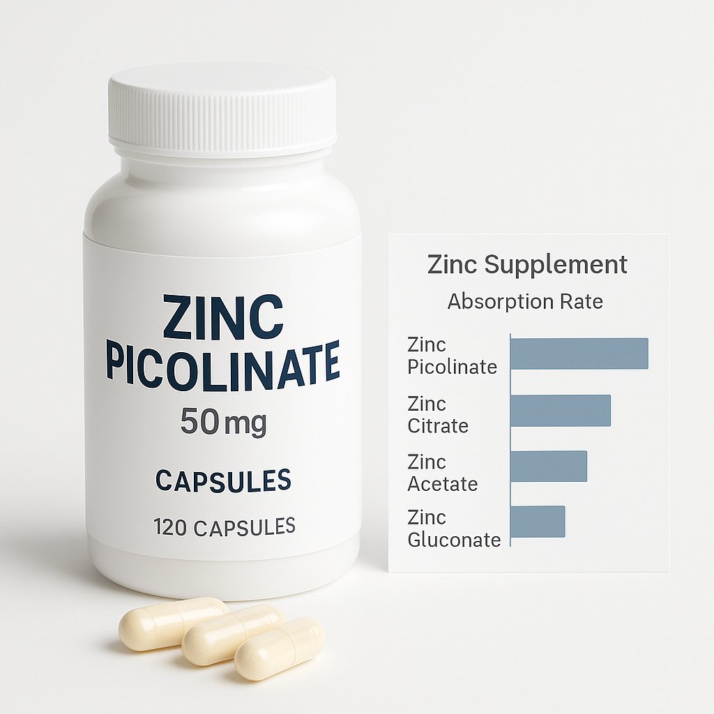Zinc picolinate capsules with a comparison chart of different zinc supplement forms and absorption rates