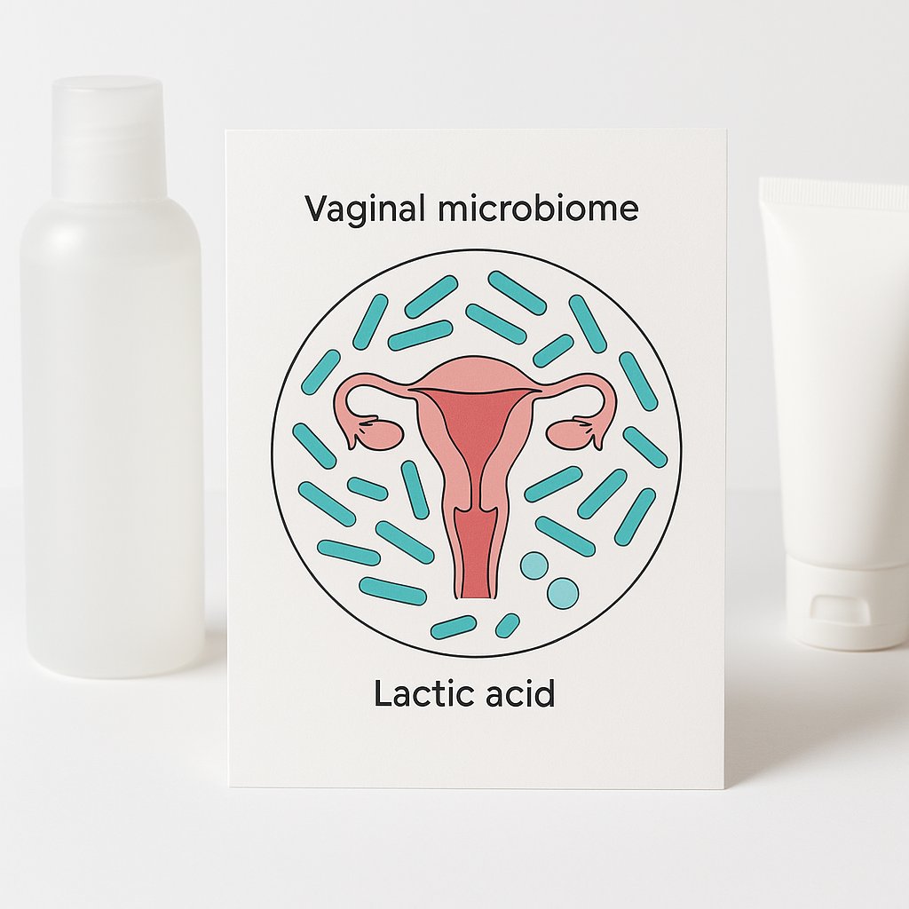 Illustration of the vaginal microbiome showing Lactobacillus bacteria dominance and lactic acid production maintaining acidic pH