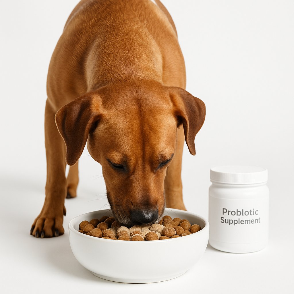 Dog eating from a bowl with probiotic supplement powder mixed into food