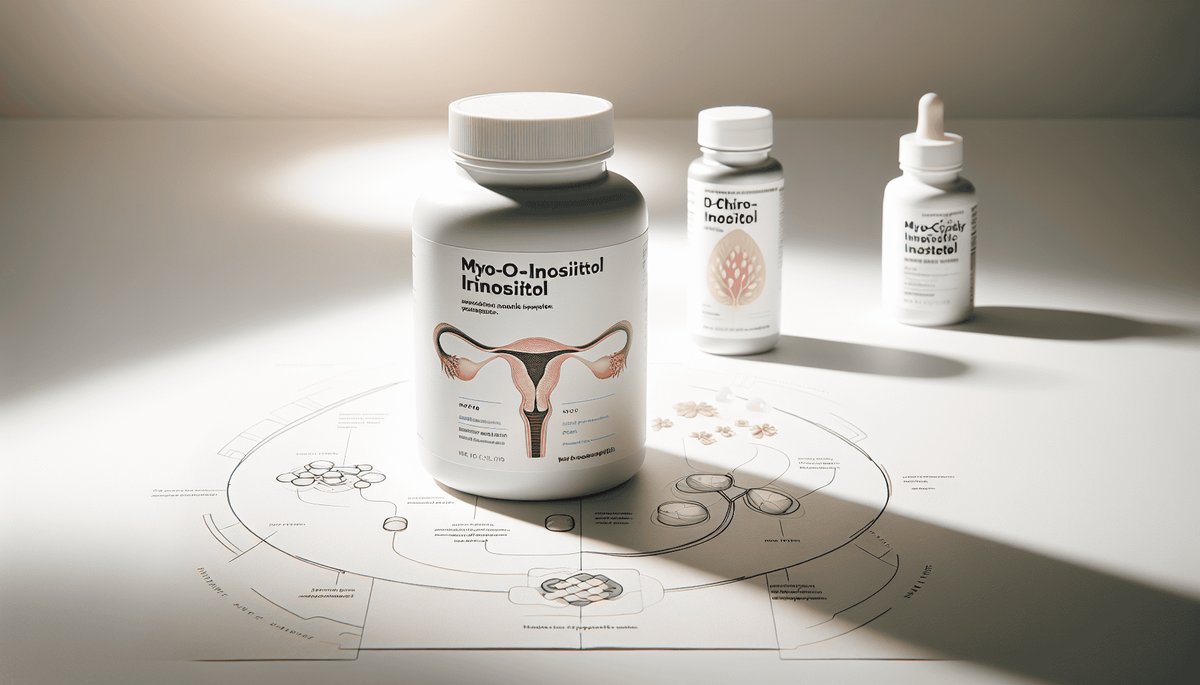 Inositol supplement powder and capsules with fresh cantaloupe and citrus fruits on a light background