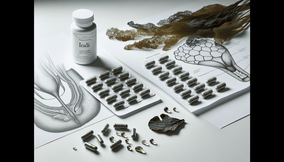 Iodine-rich foods including seaweed kelp and dairy products with iodine supplements on white surface