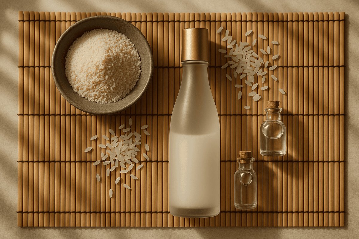 Japanese rice bran and sake skincare ingredients arranged in traditional style