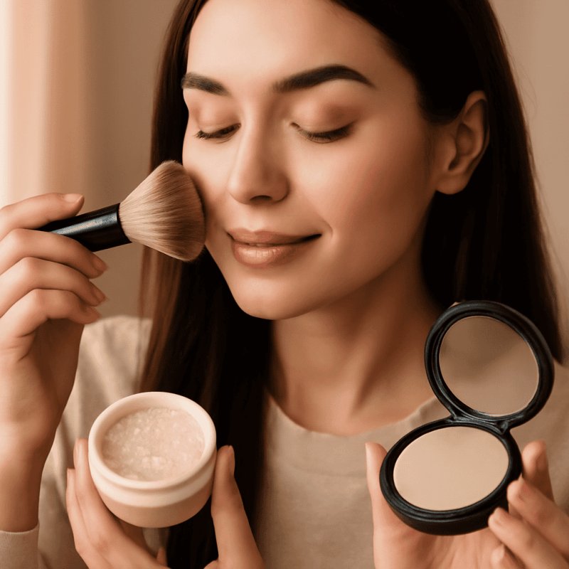 Side-by-side comparison of loose setting powder and pressed powder for daily makeup routines