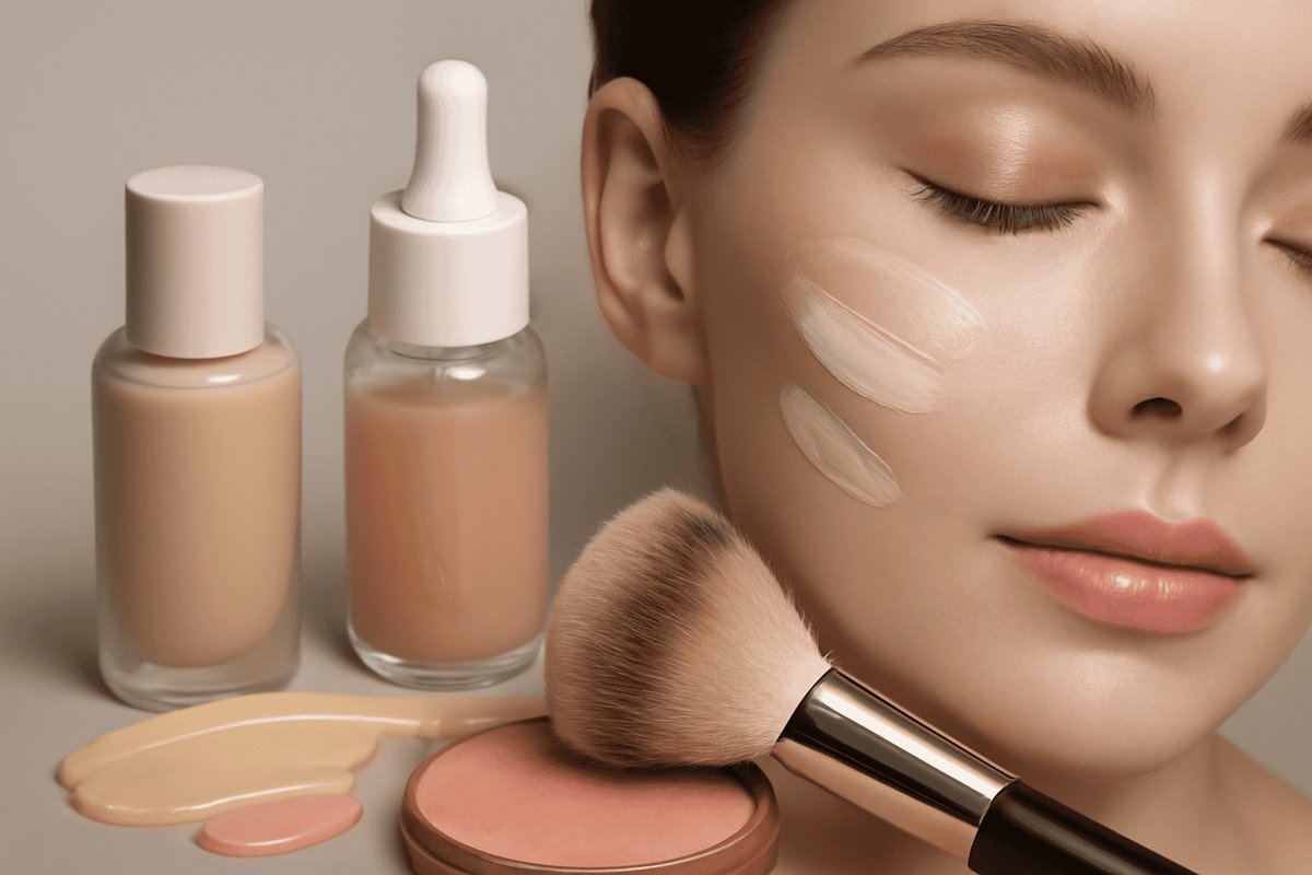 Niacinamide skincare serum products on marble surface with warm editorial lighting