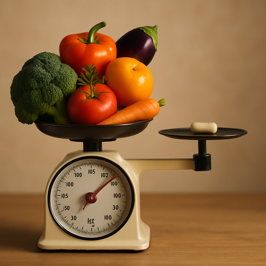 A kitchen scale showing the equivalency between whole foods and one supplement pill