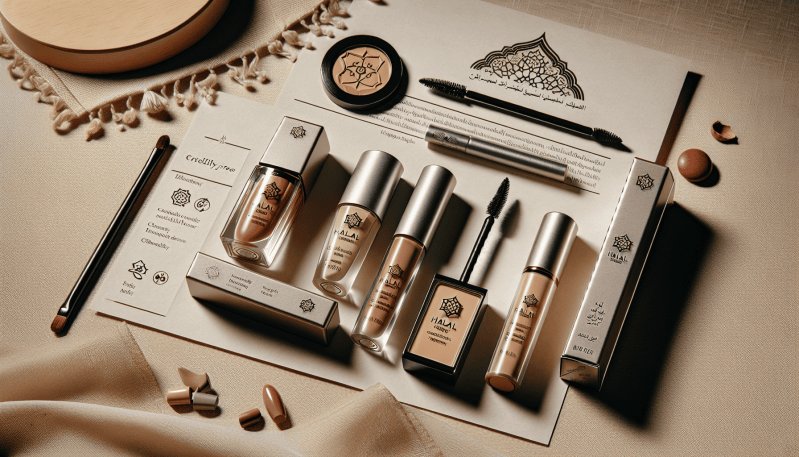 Halal-certified makeup products including foundation, lipstick, and mascara displayed on neutral background