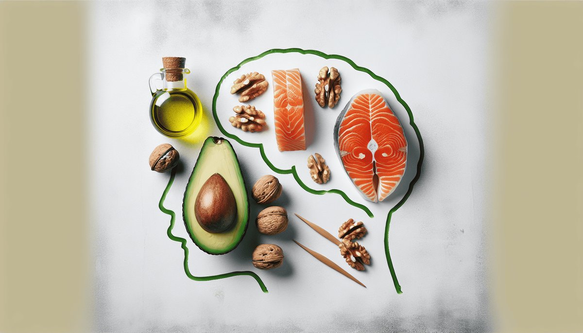 Healthy dietary fats including avocado olive oil salmon and walnuts for brain health