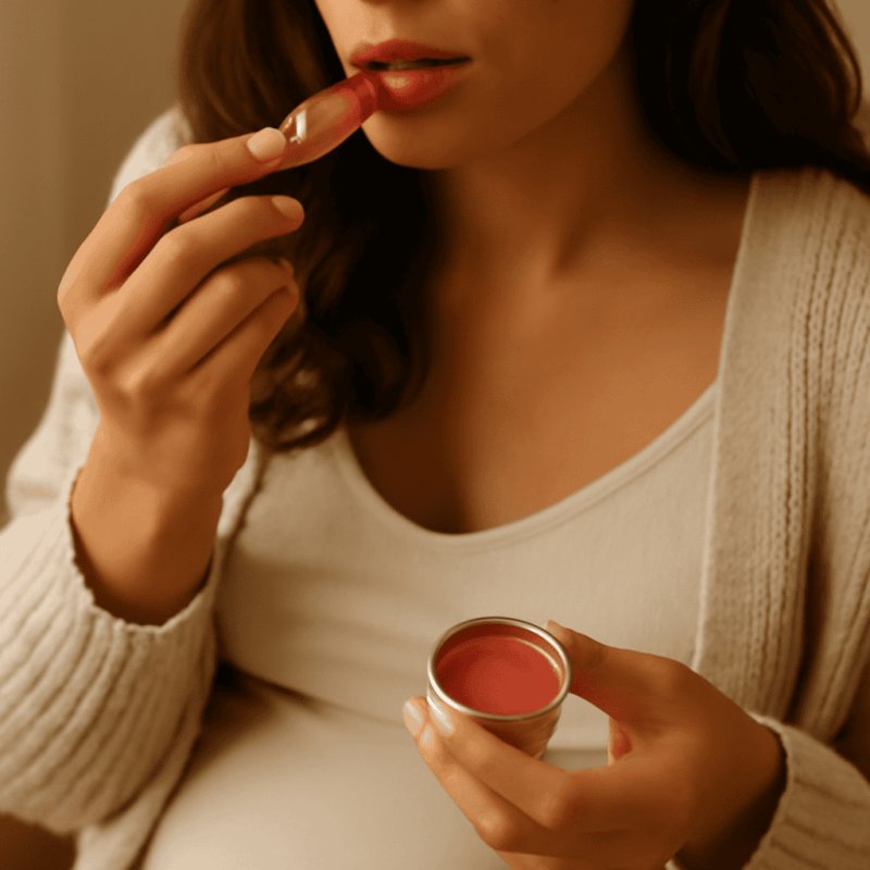 Pregnancy-safer lip balms, tints, and lipsticks arranged on a clean surface