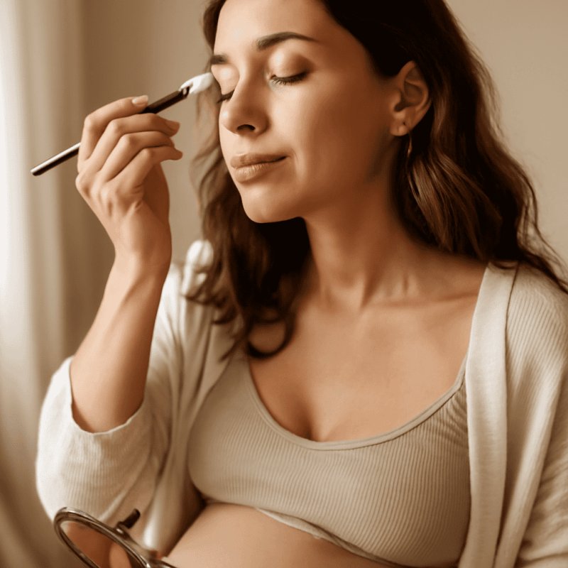 Pregnant woman reading makeup ingredient labels at a store shelf