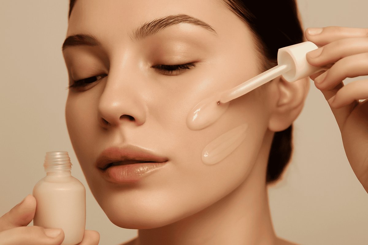 Hyaluronic acid serum dropper bottle with water droplets for deep skin hydration