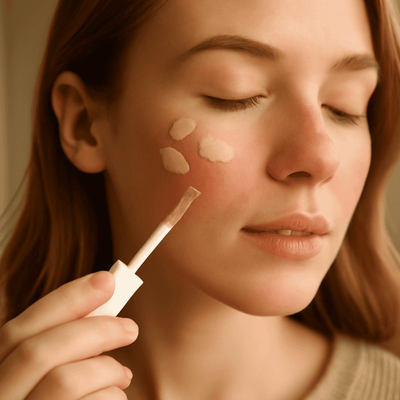 Fragrance-free concealer being blended onto rosacea-prone skin with a soft brush