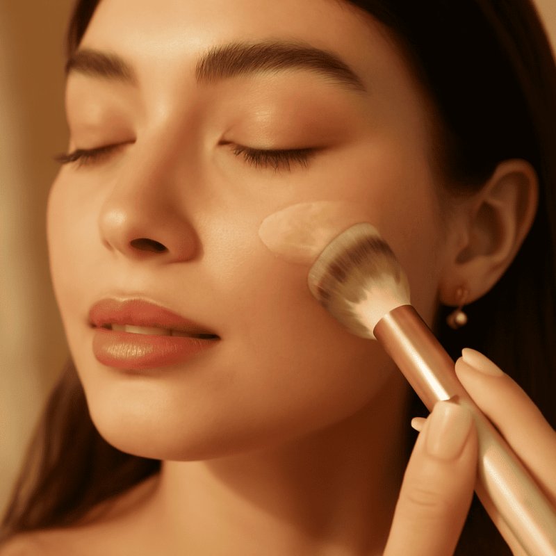 Woman applying SPF tinted sunscreen as part of a makeup routine with sun protection