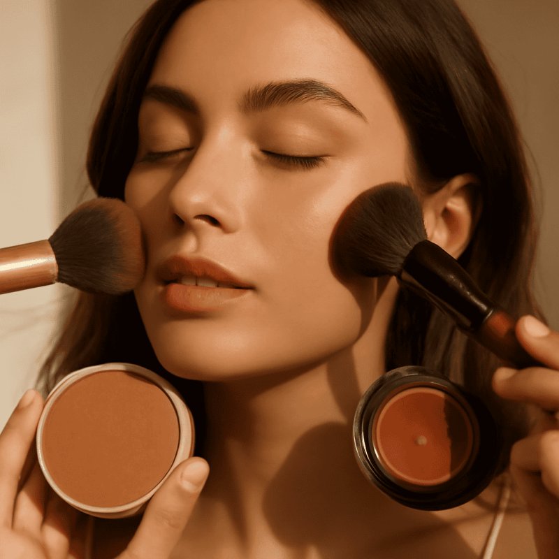 Comparison of suede bronzer powder finish and cream bronzer texture for different skin types