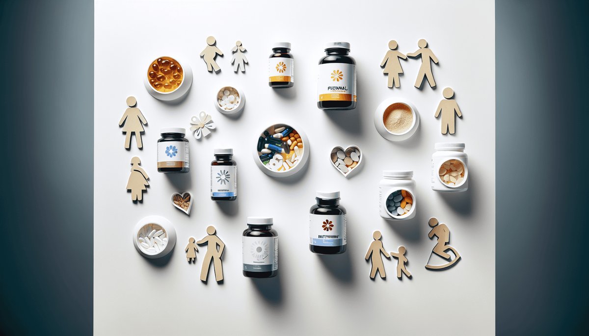 Supplement vitamins organized by life stage from young adult to senior health on a marble surface