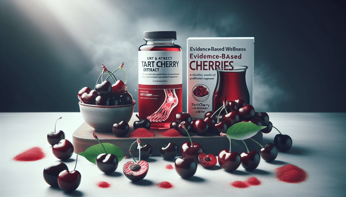 Fresh tart cherries in a wooden bowl with tart cherry juice and supplement capsules on a rustic surface