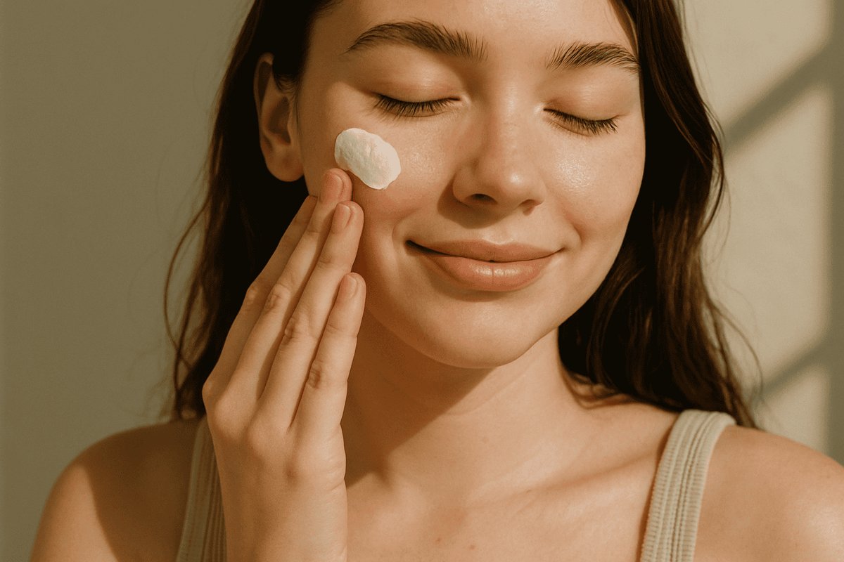 Woman applying sunscreen as part of a daily anti-photoaging habit