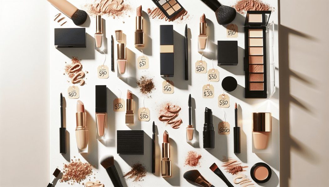 Lipstick and makeup products display for online beauty shopping.