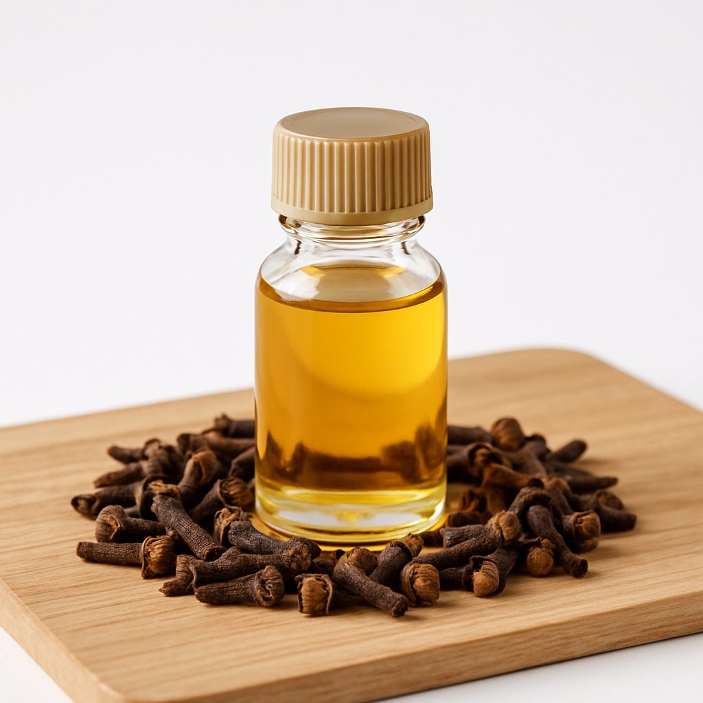 Aromatherapy essential oil in a small glass bottle surrounded by dried cloves on a wooden surface.