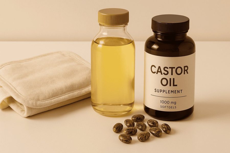Castor oil bottle next to digestive health imagery
