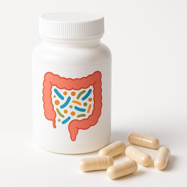 Probiotic supplement capsules with gut microbiome illustration