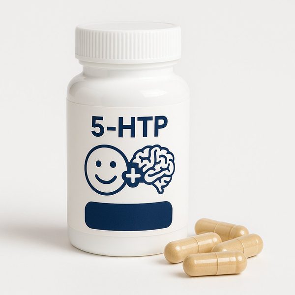5-HTP supplement capsules with mood and brain illustration