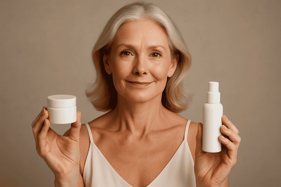 Woman over 40 with skincare products for a longevity-focused routine