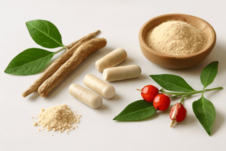Ashwagandha capsules and root extract arranged with a clock icon to represent dosage timing for cortisol support