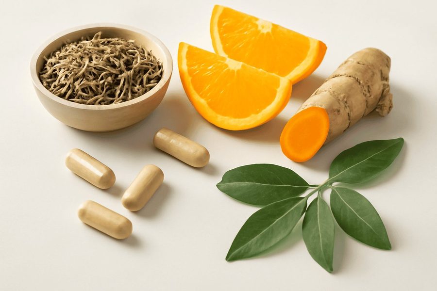 Calm nighttime routine setup with stress-support supplements for evening cortisol management